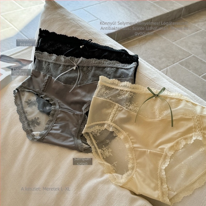 Női nylon alsónemű satin csipével és hálóval – középmagas derekú, jacquard szövés, antibakteriális, lélegző, gyorsan száradó