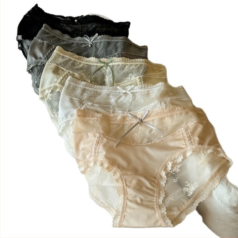 Női nylon alsónemű satin csipével és hálóval – középmagas derekú, jacquard szövés, antibakteriális, lélegző, gyorsan száradó