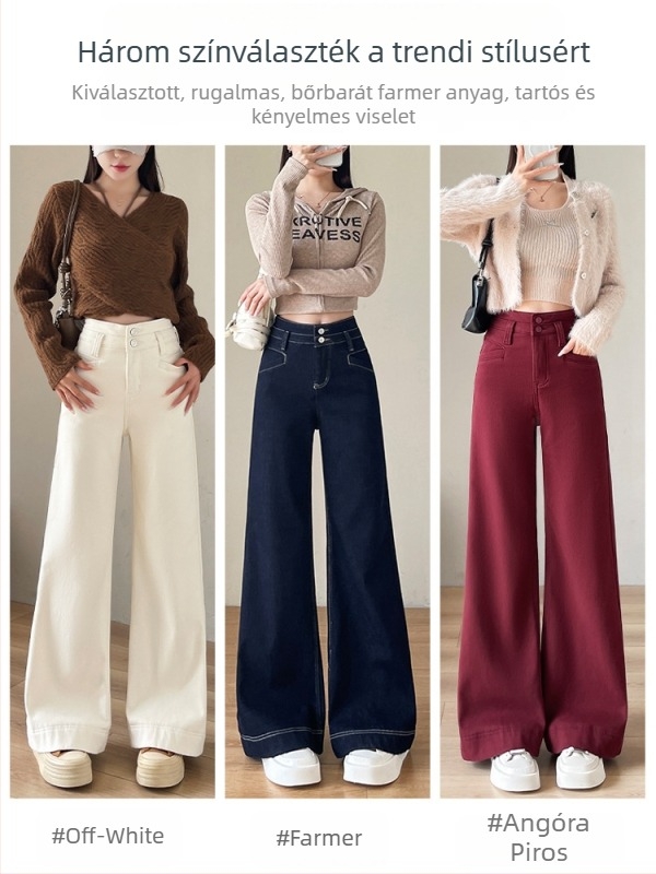 Női széles lábú farmer, magas derékkal, elöl gombos zárás, elasztikus denim, padlót érő szár, trapéz szabás