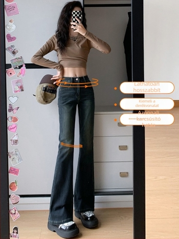 Magas derékú retro Bootcut farmernadrág, padlóig érő hosszúságú, denim-pamut