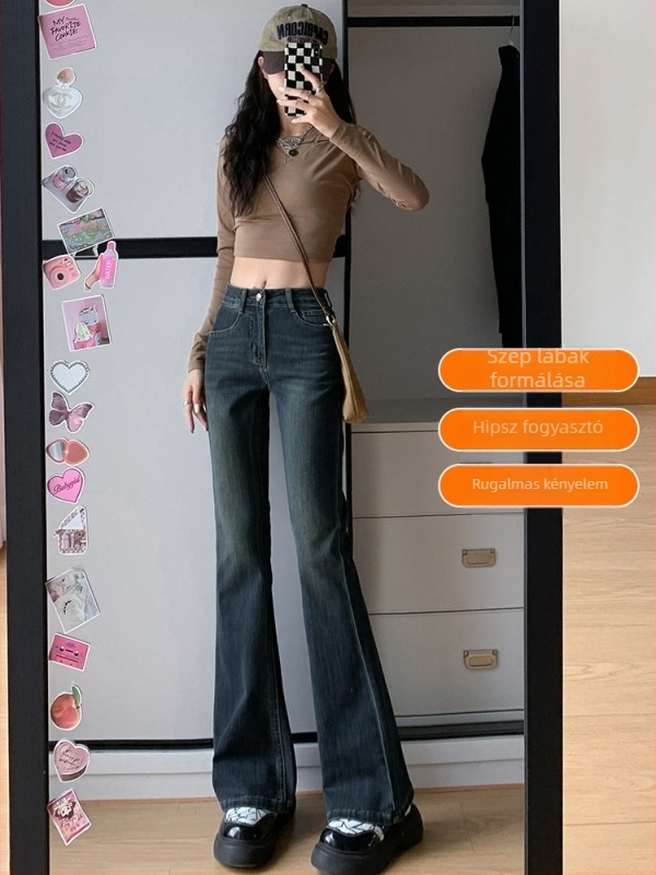 Magas derékú retro Bootcut farmernadrág, padlóig érő hosszúságú, denim-pamut