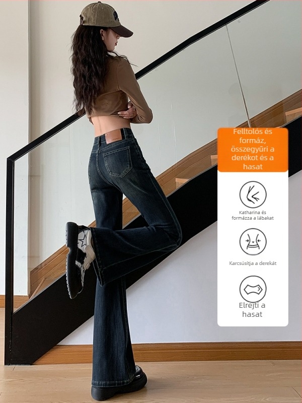 Magas derékú retro Bootcut farmernadrág, padlóig érő hosszúságú, denim-pamut