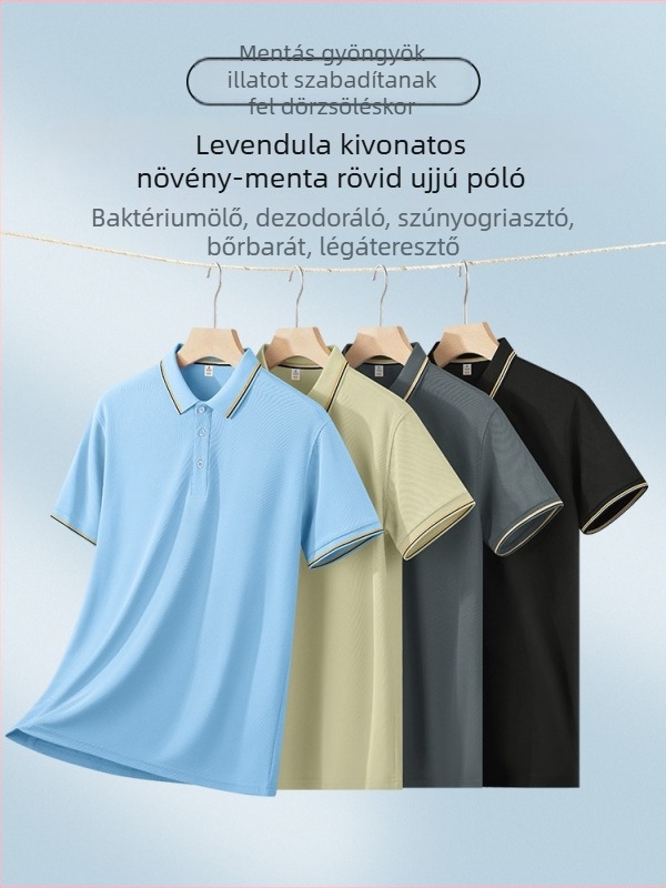 Mentolos növényi kivonatú antibakteriális polo, lélegző vékony Ice Silk anyagból, 100% poliészter, rövid ujjú, testhez álló szabás, nyár 2025