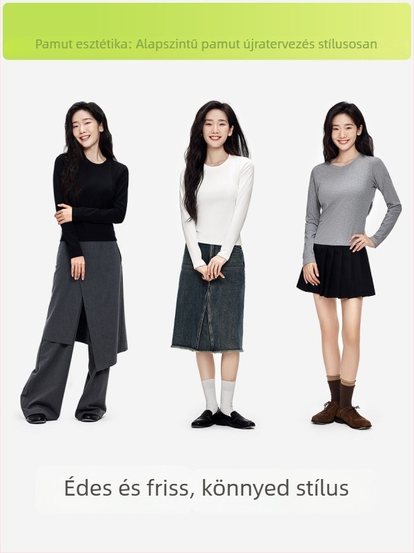 Slim-fit pamut-keverék hosszú ujjú póló, kerek nyakú, egyszínű mintázat, domináns pamut 90–95%, poliészter <30%