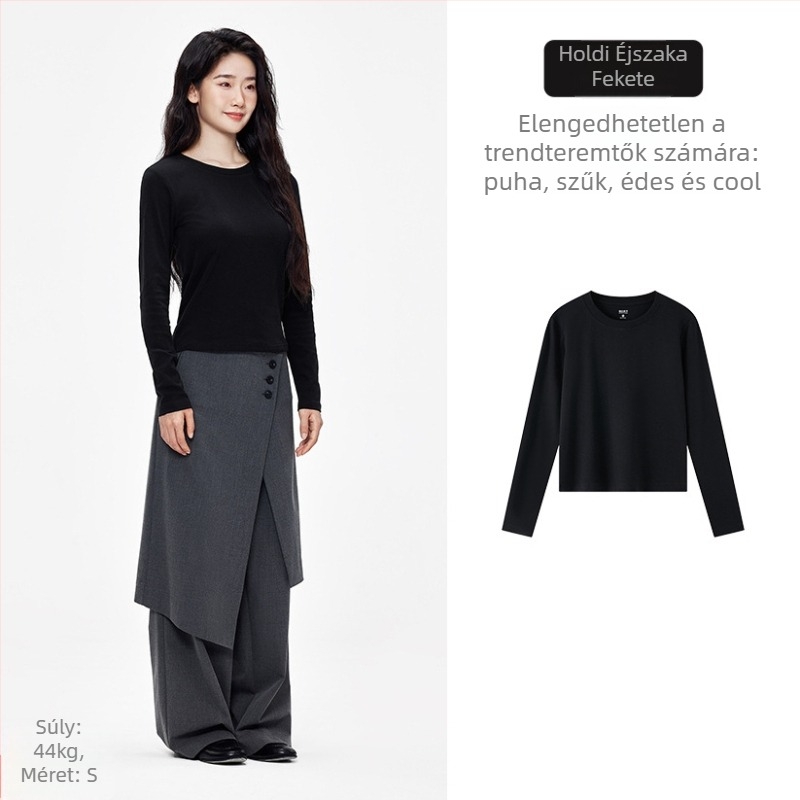 Slim-fit pamut-keverék hosszú ujjú póló, kerek nyakú, egyszínű mintázat, domináns pamut 90–95%, poliészter <30%