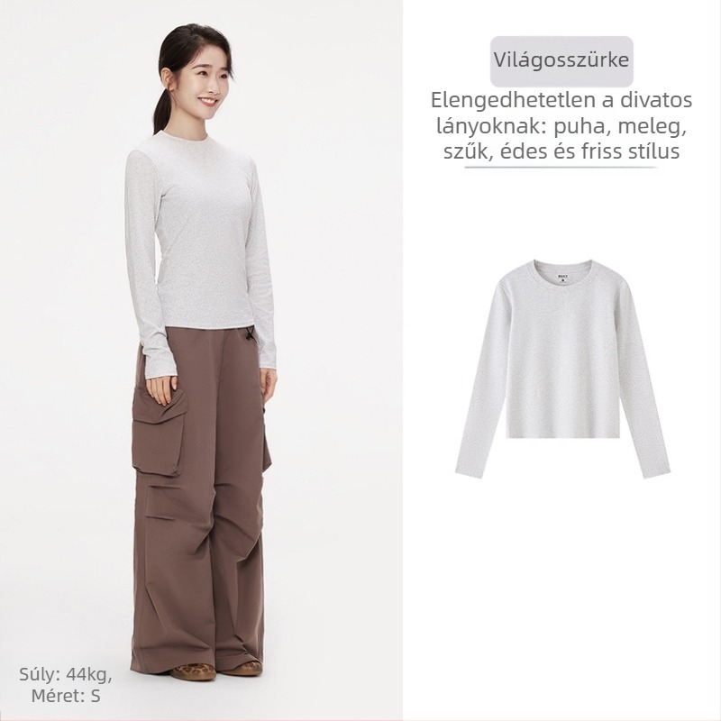 Slim-fit pamut-keverék hosszú ujjú póló, kerek nyakú, egyszínű mintázat, domináns pamut 90–95%, poliészter <30%