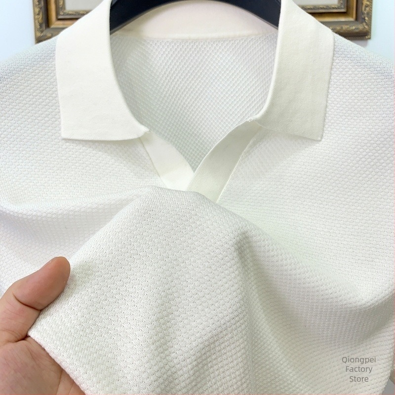 Mulberry selyem nyári felső férfiaknak Seagull galléros, rövid ujjú, karcsú szabású, casual, Ice Silk és Tencel kötött