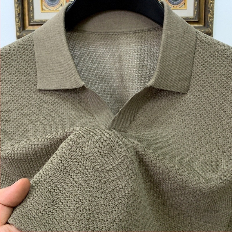 Mulberry selyem nyári felső férfiaknak Seagull galléros, rövid ujjú, karcsú szabású, casual, Ice Silk és Tencel kötött