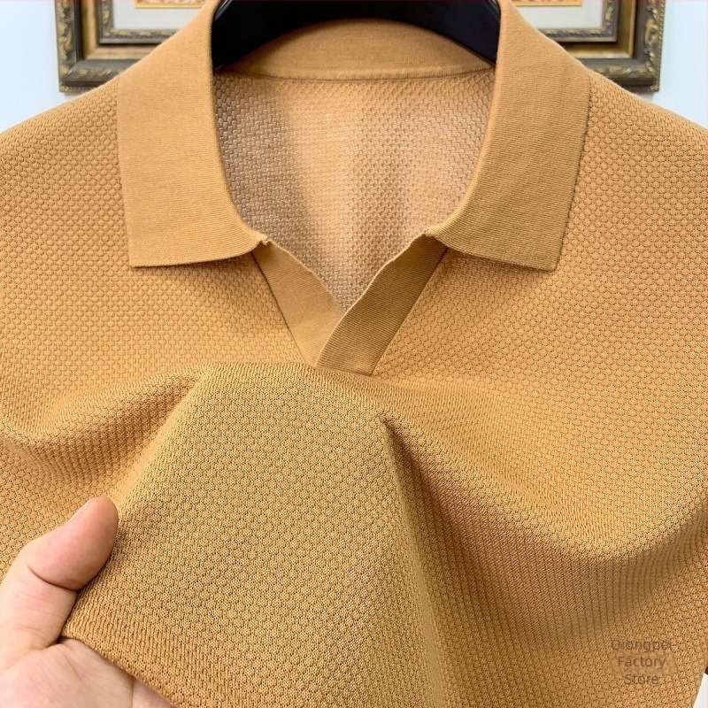 Mulberry selyem nyári felső férfiaknak Seagull galléros, rövid ujjú, karcsú szabású, casual, Ice Silk és Tencel kötött
