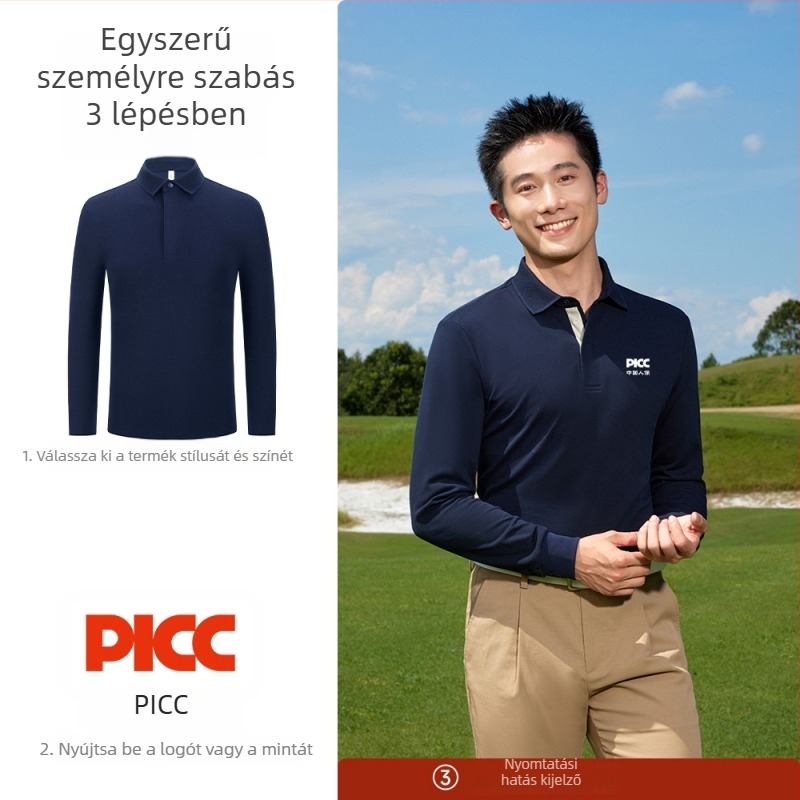 Uniszex hosszú ujjú polo ing, szűk szabás, 100% pamut, hímzett logó