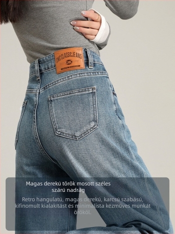 Milk Velvet denim nadrág – magas derekú, széles szárú, pamut-elasztán (50–70% pamut, <30% elasztán), vasalásmentes felület