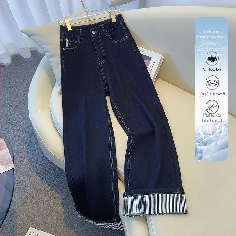Női kék denim farmernadrág, 2026 tavasz, fleece bevonattal, feltekert szegéllyel, vastag anyag, karcsú egyenes és széles szárú fazon