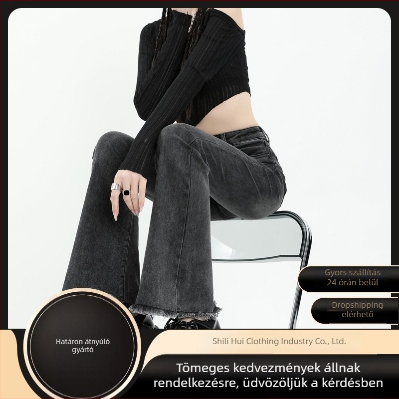 Szürke női bootcut farmer, magas derekú, karcsú szabás, fodrozott szél, őszi-téli
