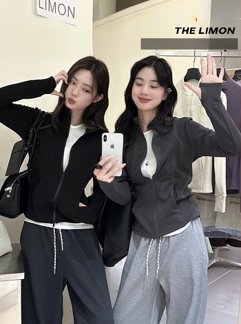Női kabát, koreai stílusú, slim fit, álló gallér, zipzár, spandex