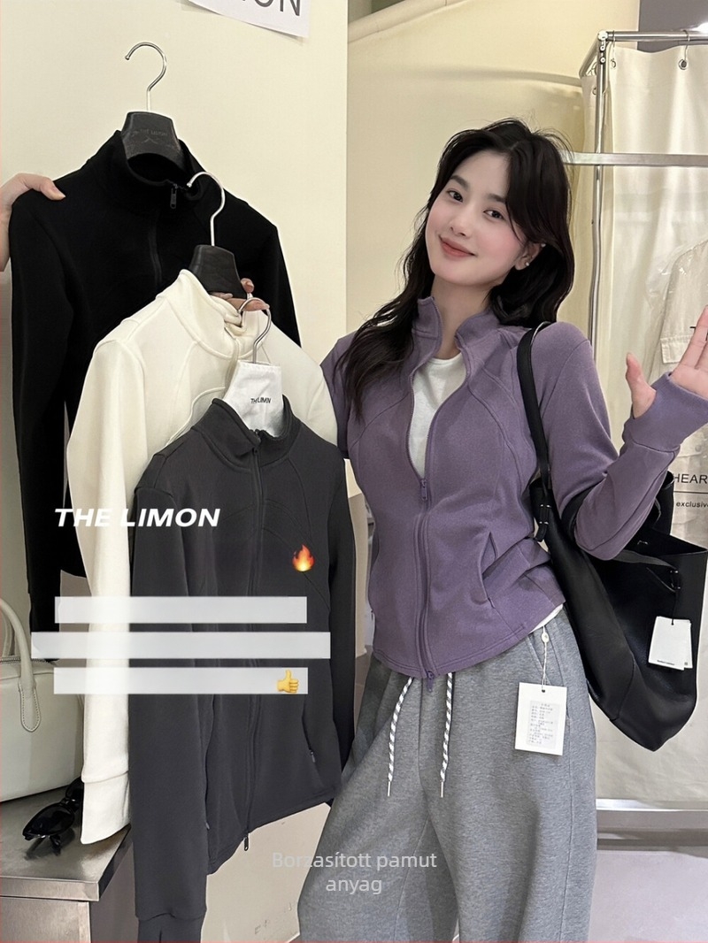 Női kabát, koreai stílusú, slim fit, álló gallér, zipzár, spandex