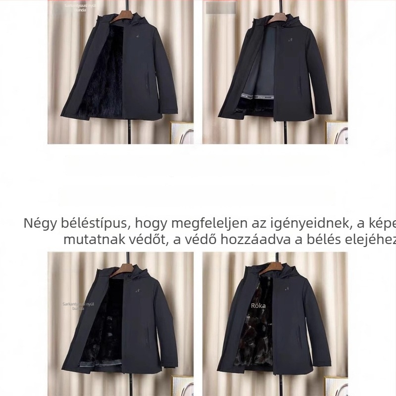 Férfi prémparkája róka szőrme bélésével, levehető bélés, karcsú szabás, középső hossz, elöl cipzár