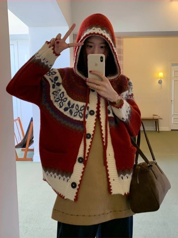 Koreai stílusú, Fair Isle mintás vastag kötött kardigán nőknek, kapucnival, retro őszi-téli, laza szabású