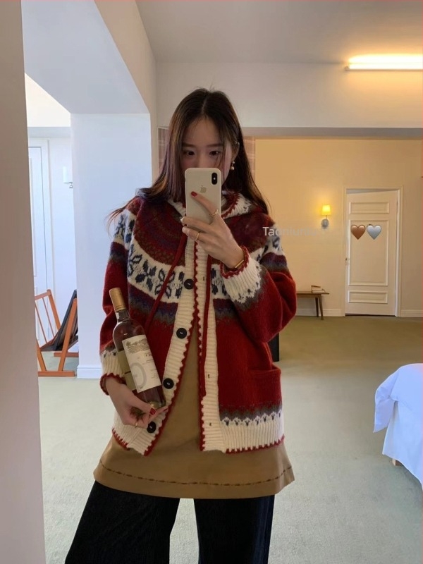 Koreai stílusú, Fair Isle mintás vastag kötött kardigán nőknek, kapucnival, retro őszi-téli, laza szabású