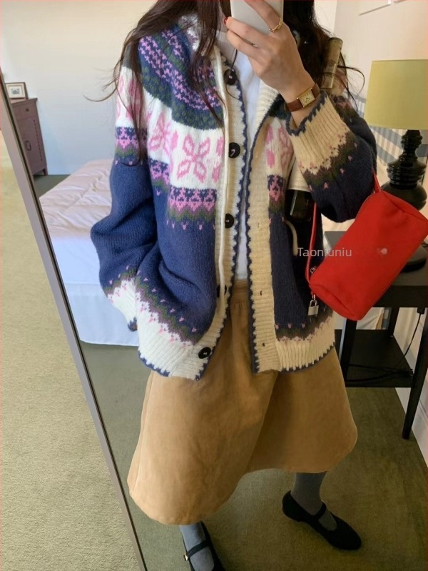 Koreai stílusú, Fair Isle mintás vastag kötött kardigán nőknek, kapucnival, retro őszi-téli, laza szabású