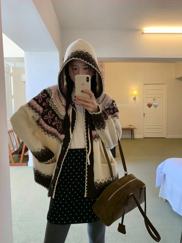 Koreai stílusú, Fair Isle mintás vastag kötött kardigán nőknek, kapucnival, retro őszi-téli, laza szabású