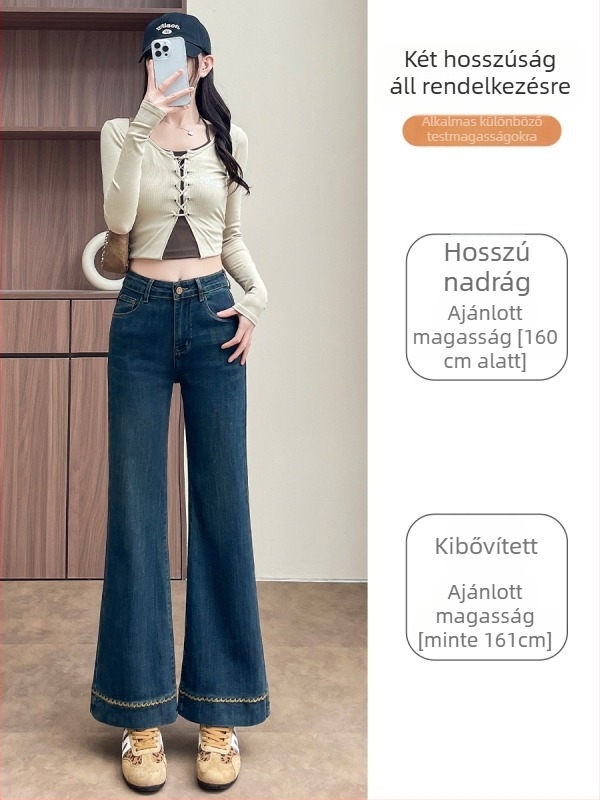 Hímzett fleece-beléssel ellátott női farmernadrág, magas derék, karcsúsító fazon, harang szárú, 9/10 hosszúságú, őszi-téli 2025