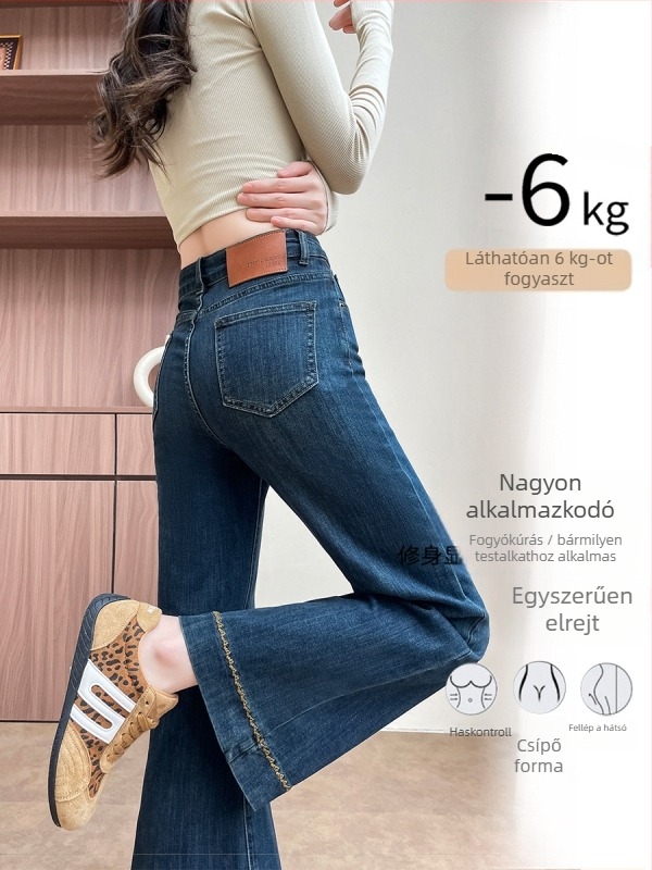 Hímzett fleece-beléssel ellátott női farmernadrág, magas derék, karcsúsító fazon, harang szárú, 9/10 hosszúságú, őszi-téli 2025