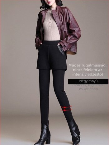 Női báránygyapjú leggings, hamis két darabos dizájn, magas derekú, rugalmas, meleg, szűk fazonú, őszi-téli viselet