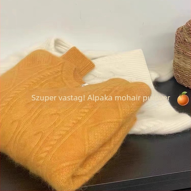 Kapucnis vastag kötött pulóver V-nyakkal, hosszú ujjú, laza szabás