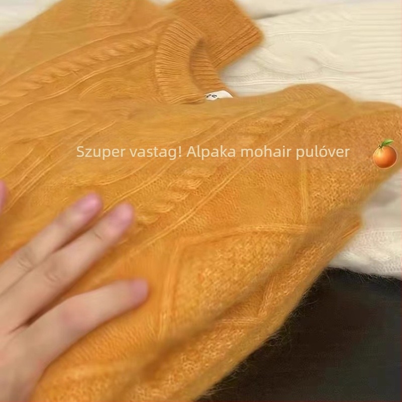 Kapucnis vastag kötött pulóver V-nyakkal, hosszú ujjú, laza szabás