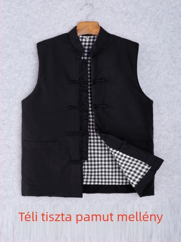 Férfi pamut mellény kínai stílusban, laza szabás, pamut anyag és bélés, háromdimenziós patch-zsebek, mindennapi téli viselet, 2024 tél