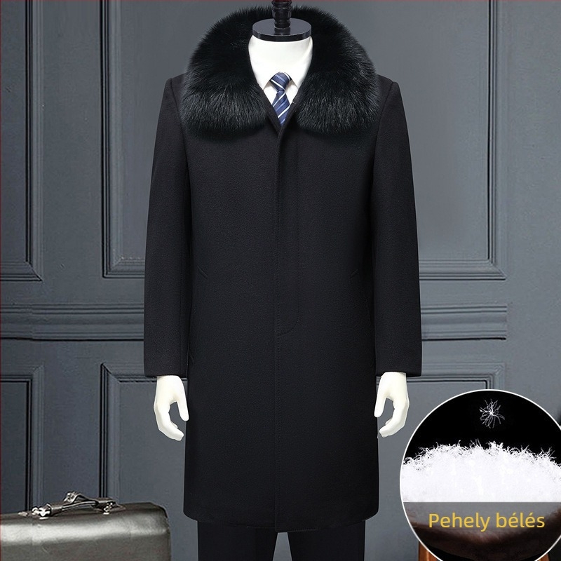 Téli gyapjúkabát levehető tollbélésű béléssel, középhosszú, egysoros gombolás, jacquard részletek