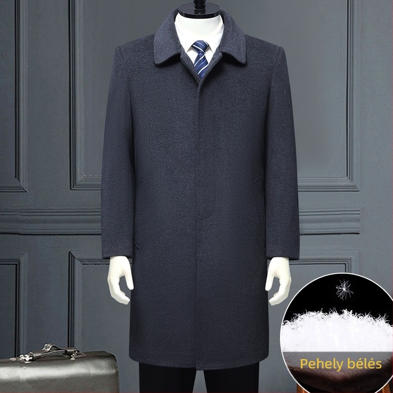 Téli gyapjúkabát levehető tollbélésű béléssel, középhosszú, egysoros gombolás, jacquard részletek