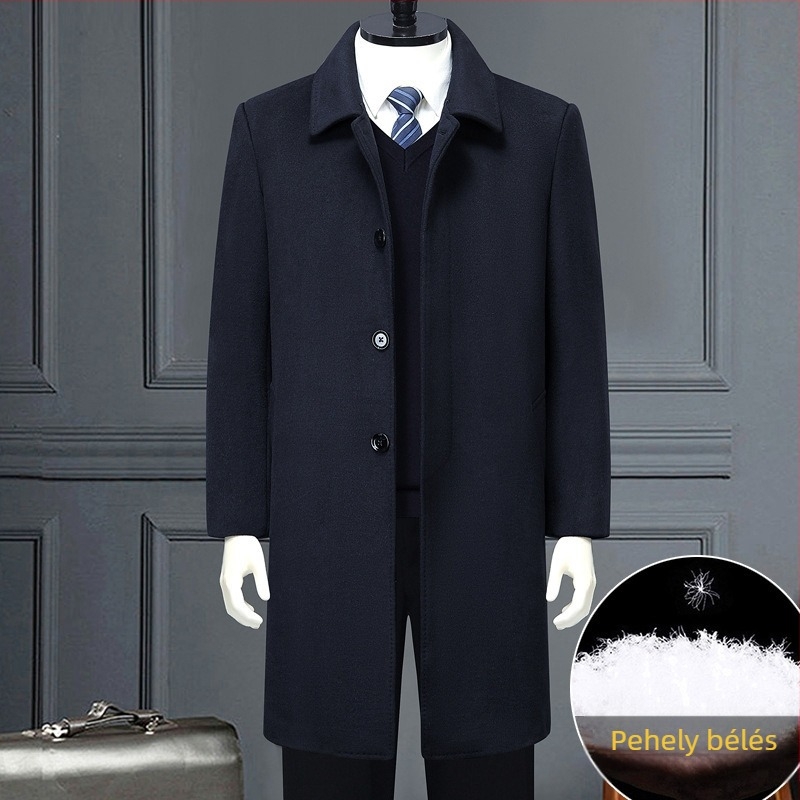 Téli gyapjúkabát levehető tollbélésű béléssel, középhosszú, egysoros gombolás, jacquard részletek