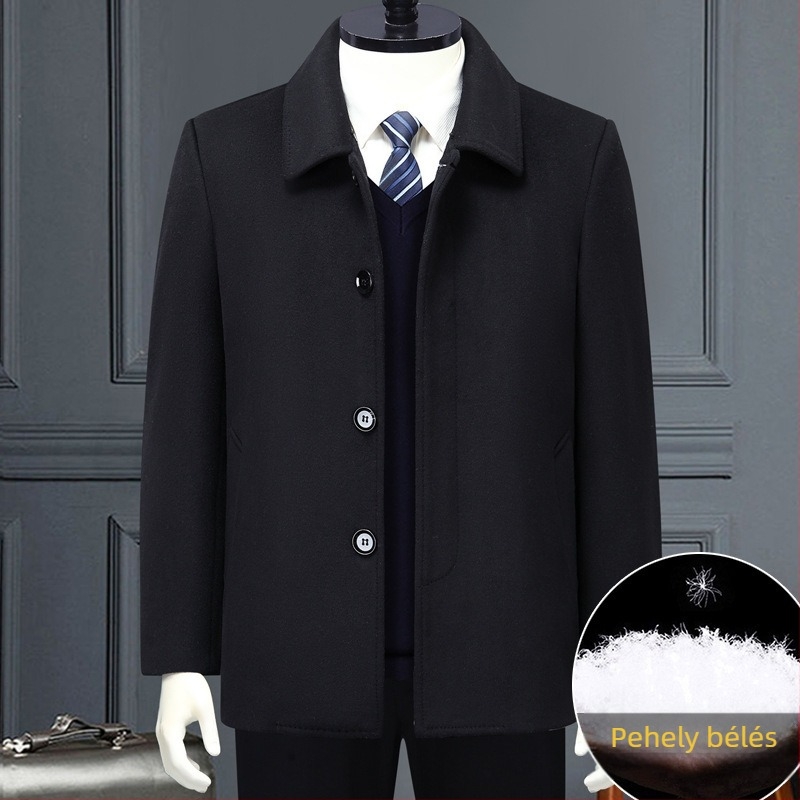 Téli gyapjúkabát levehető tollbélésű béléssel, középhosszú, egysoros gombolás, jacquard részletek