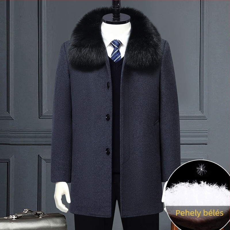 Téli gyapjúkabát levehető tollbélésű béléssel, középhosszú, egysoros gombolás, jacquard részletek