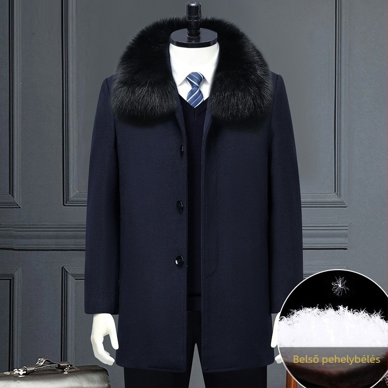 Téli gyapjúkabát levehető tollbélésű béléssel, középhosszú, egysoros gombolás, jacquard részletek