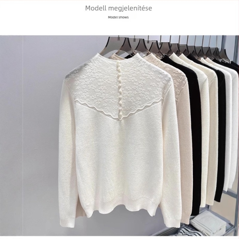 Fleece-al töltött velúr kötött pulóver, fél magas gallérral, bő szabású, hosszú ujjú, csipkés hímzéssel