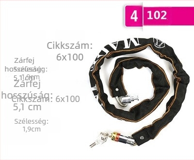 Textilborítású kerékpárlánc zár, négyszögletes fejű, mangánacélból, 380 g; alkalmas kerékpárokra, elektromos járművekre és motorkerékpárokra