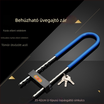 Üvegajtókhoz készült U‑alakú zár ötvözetből; üzletbejáratokhoz és kétajtós bejáratokhoz ideális; háztartási és elektromos motorkerékpárokhoz; hosszabbított U‑alakú kivitel, 27/35/42 cm.