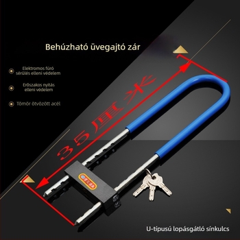 Üvegajtókhoz készült U‑alakú zár ötvözetből; üzletbejáratokhoz és kétajtós bejáratokhoz ideális; háztartási és elektromos motorkerékpárokhoz; hosszabbított U‑alakú kivitel, 27/35/42 cm.