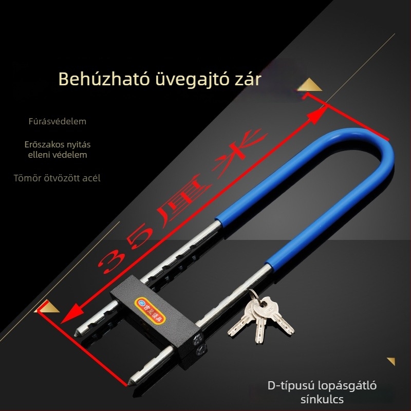 Üvegajtókhoz készült U‑alakú zár ötvözetből; üzletbejáratokhoz és kétajtós bejáratokhoz ideális; háztartási és elektromos motorkerékpárokhoz; hosszabbított U‑alakú kivitel, 27/35/42 cm.