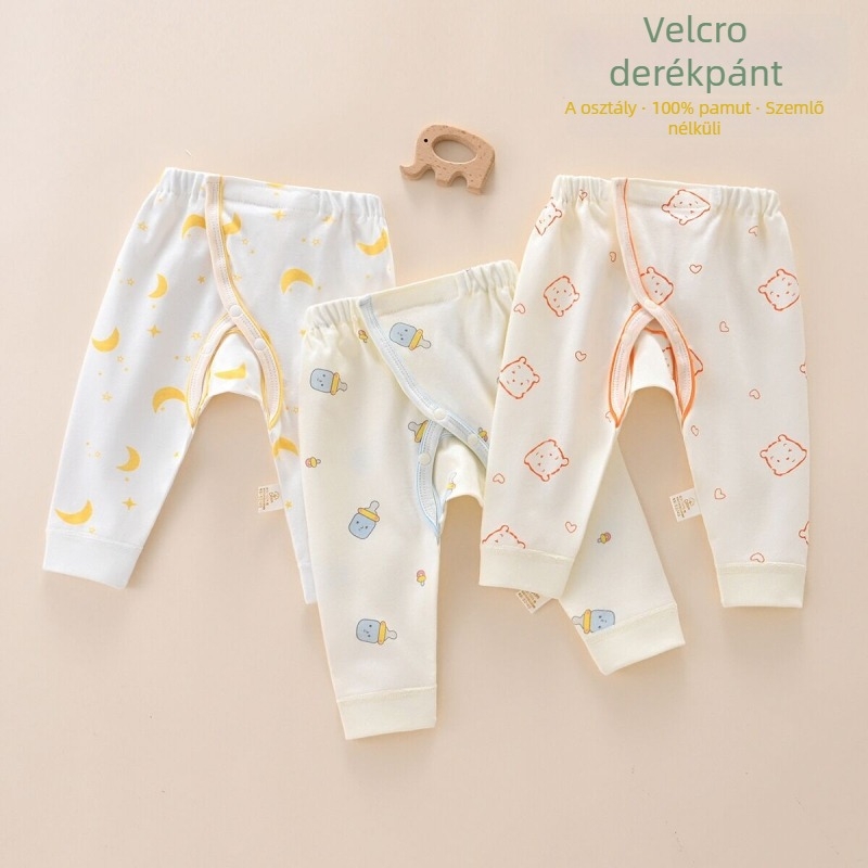 Újszülött pamut nadrág Velcro-záródással, nyitott gáttájon, 100% pamut, középmagas derék, tavasz–őszre, 0–12 hónap