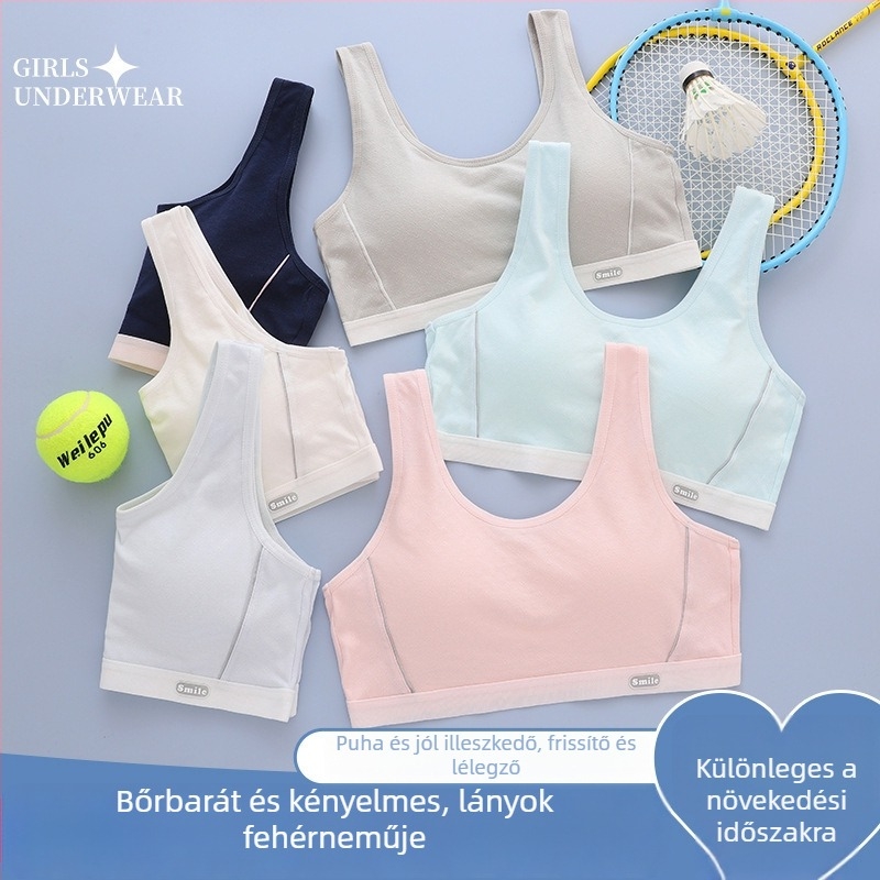 Anfiya lányoknak szánt sportmelltartó, vest-stílusú, 3/4 kosár, vékony formázott kosárhab betéttel, pamut anyag, rögzített dupla vállpántok, légáteresztő és izzadság-elvezető