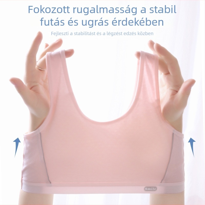 Anfiya lányoknak szánt sportmelltartó, vest-stílusú, 3/4 kosár, vékony formázott kosárhab betéttel, pamut anyag, rögzített dupla vállpántok, légáteresztő és izzadság-elvezető