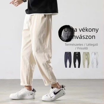 Férfi len nadrág, laza szabás, vékony anyag, egyenes szár, koreai stílus