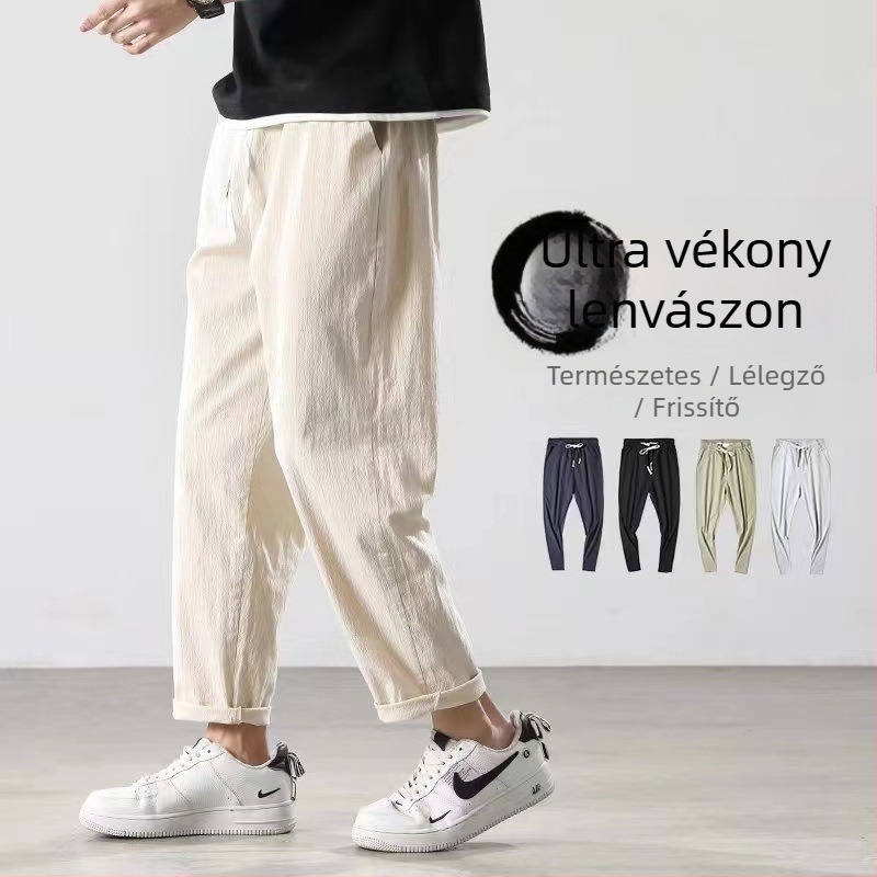 Férfi len nadrág, laza szabás, vékony anyag, egyenes szár, koreai stílus