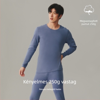 Férfiaknak szánt termikus alsóruha szett, antibakteriális és meleg, vast pamutanyag (251–300 g/m²), 90–95% pamut, hosszú ujjú felső kerek nyakkal és nadrág.