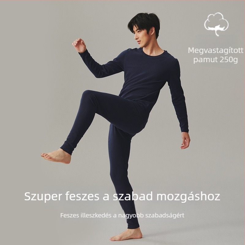 Férfiaknak szánt termikus alsóruha szett, antibakteriális és meleg, vast pamutanyag (251–300 g/m²), 90–95% pamut, hosszú ujjú felső kerek nyakkal és nadrág.