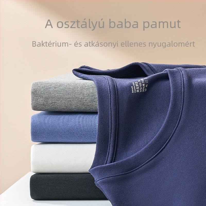 Férfiaknak szánt termikus alsóruha szett, antibakteriális és meleg, vast pamutanyag (251–300 g/m²), 90–95% pamut, hosszú ujjú felső kerek nyakkal és nadrág.