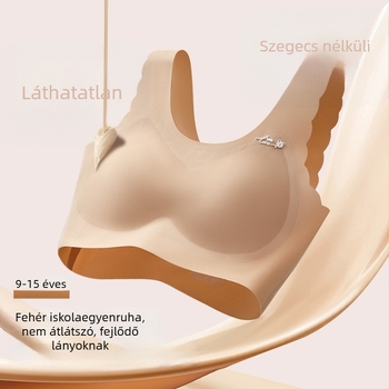Pubertás korú lányok számára, varrat nélküli melltartó, teljes kosárral, közepesen formázott kosárral, latex kosár anyag, nylon Ice Silk, rögzített kettős vállpántok